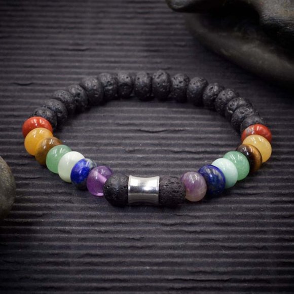 7 Chakra Crystal Lava Rock Rondelle Bracelet  - Handmade to Order - Picture 1 of 2